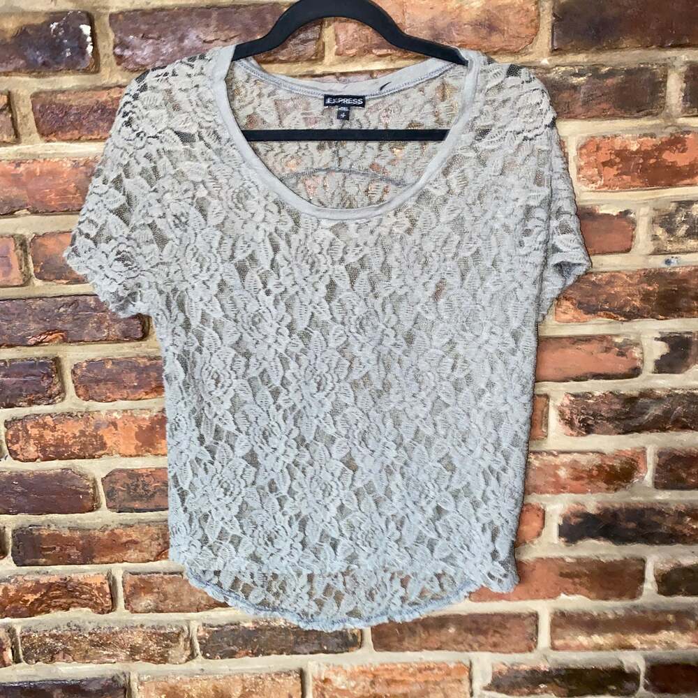 Express Olive Army Green Lace Short Sleeve Sheer Top Women's Size Small